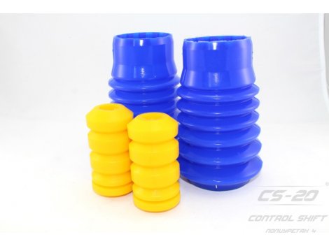 Полиуретановые отбойники передних стоек + пыльники синий цвет 2110/2111/2112/21702190/1118(2 отбойника желтые Comfort + 2 пыльника 2110-2905681 синий силикон) Profi