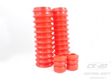 Отбойники задних стоек + пыльники красного цвета 2108/21082/2115 (2 отбойника красных Drive + 2 красных пыльника 2108-2915681) полиуретан красный drive